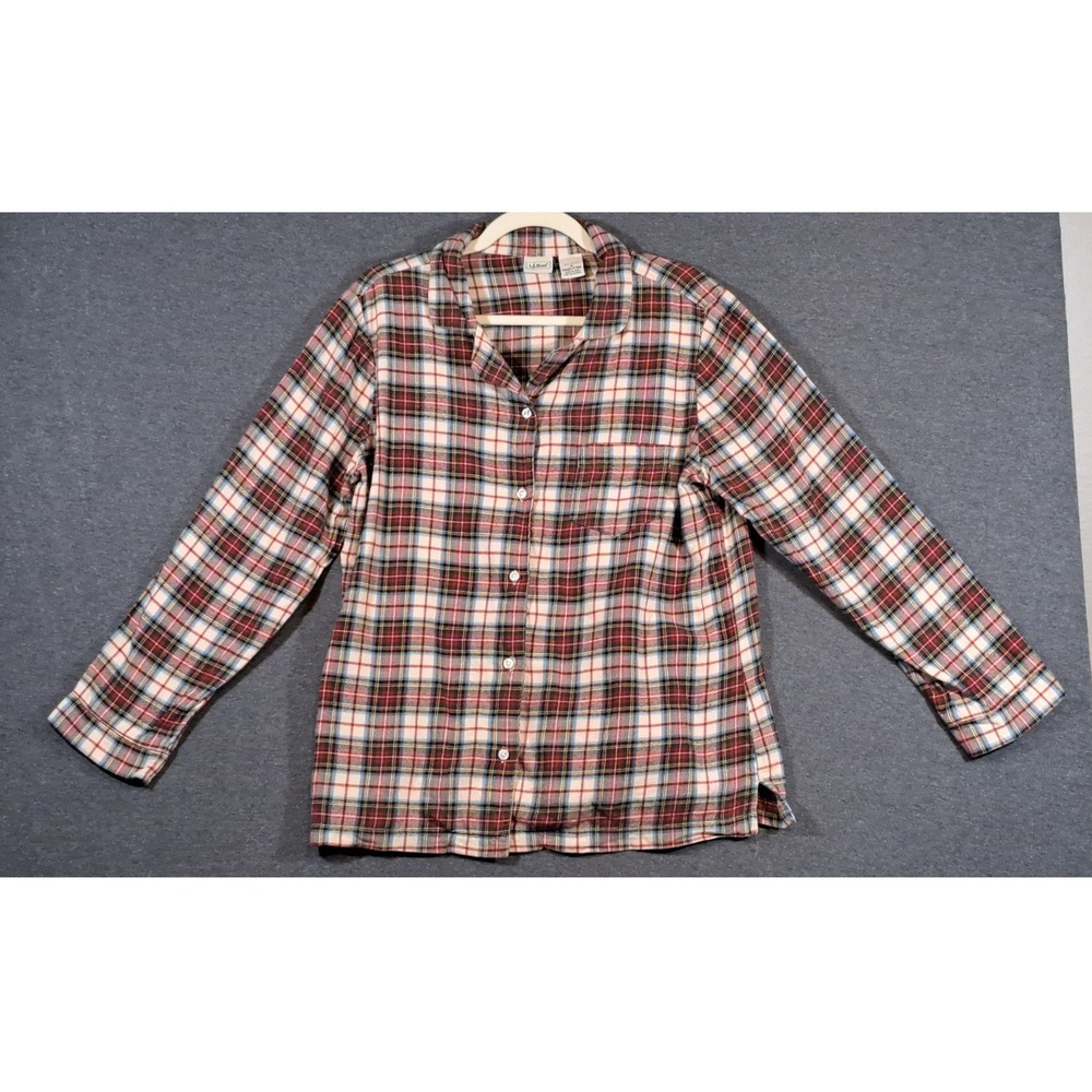 LL Bean Womens Red Blue Plaid Flannel Pajama Top Button Down Cotton Shirt L
